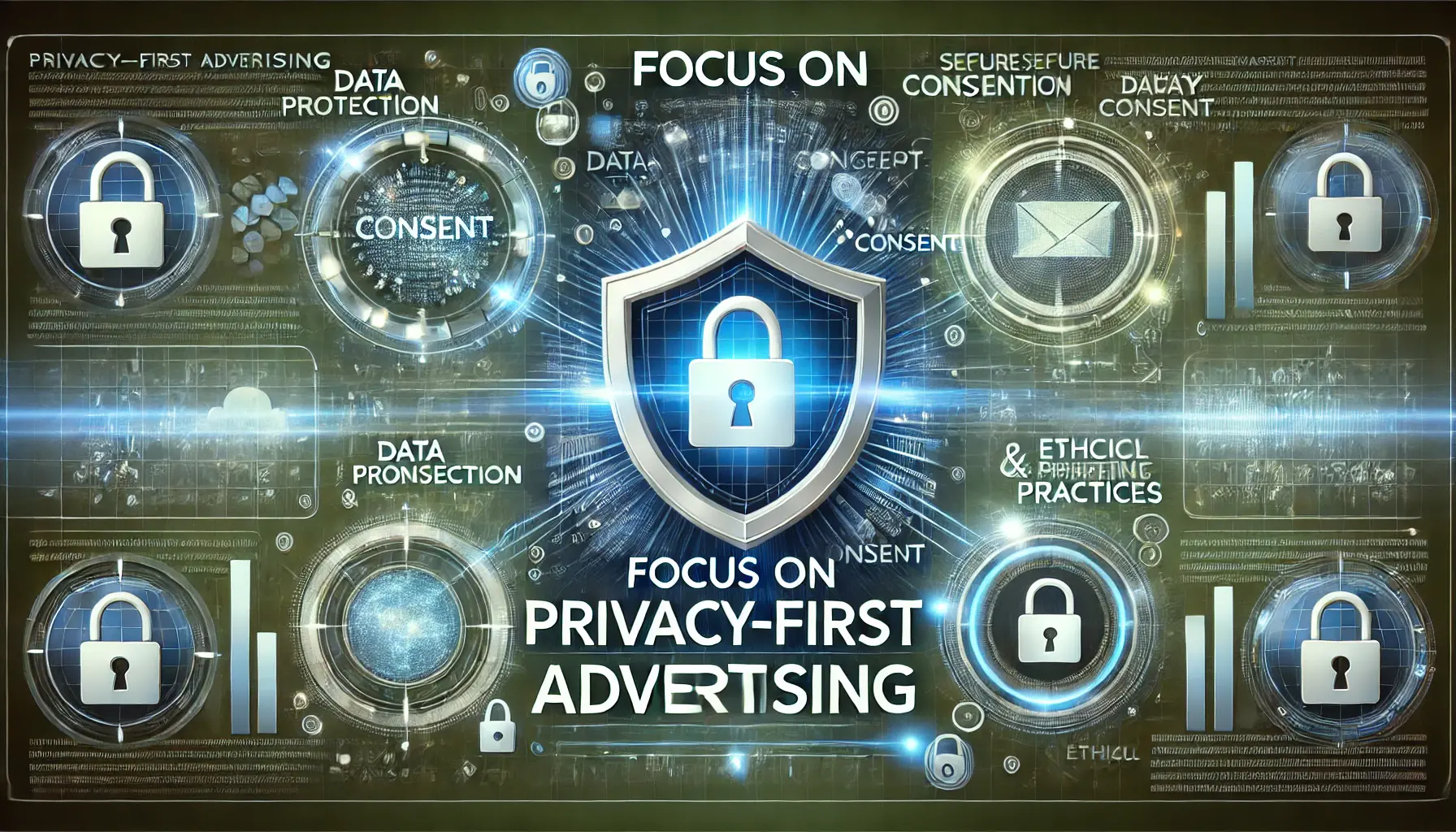 A visual representation of privacy-first advertising, featuring digital shields, secure data flows, and glowing locks.