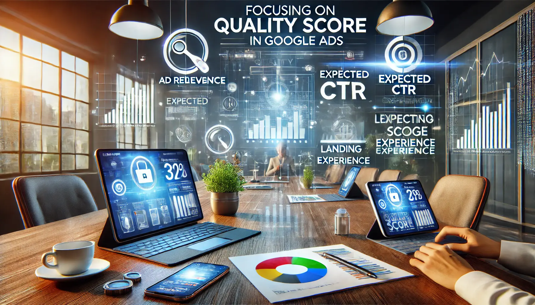 Visualization of focusing on quality score in Google Ads with dashboards and performance indicators.