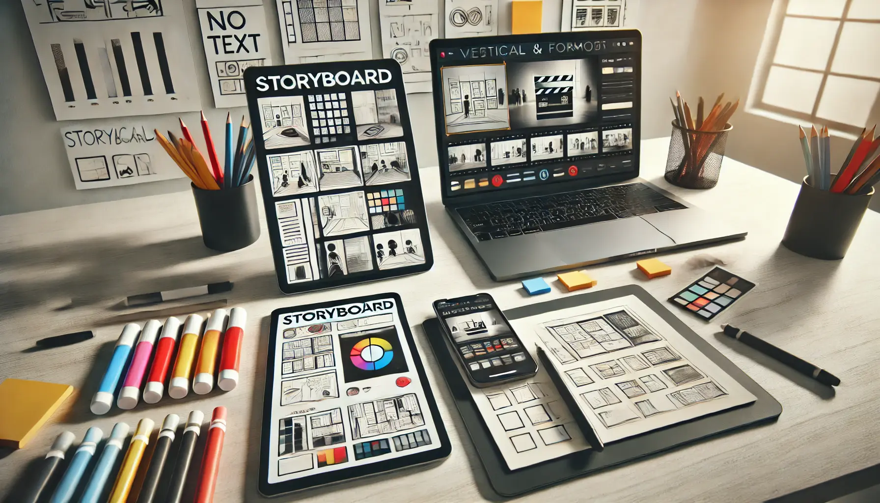 A modern workspace featuring storyboards displayed in vertical and square formats on a tablet and smartphone, emphasizing design for different screen orientations.