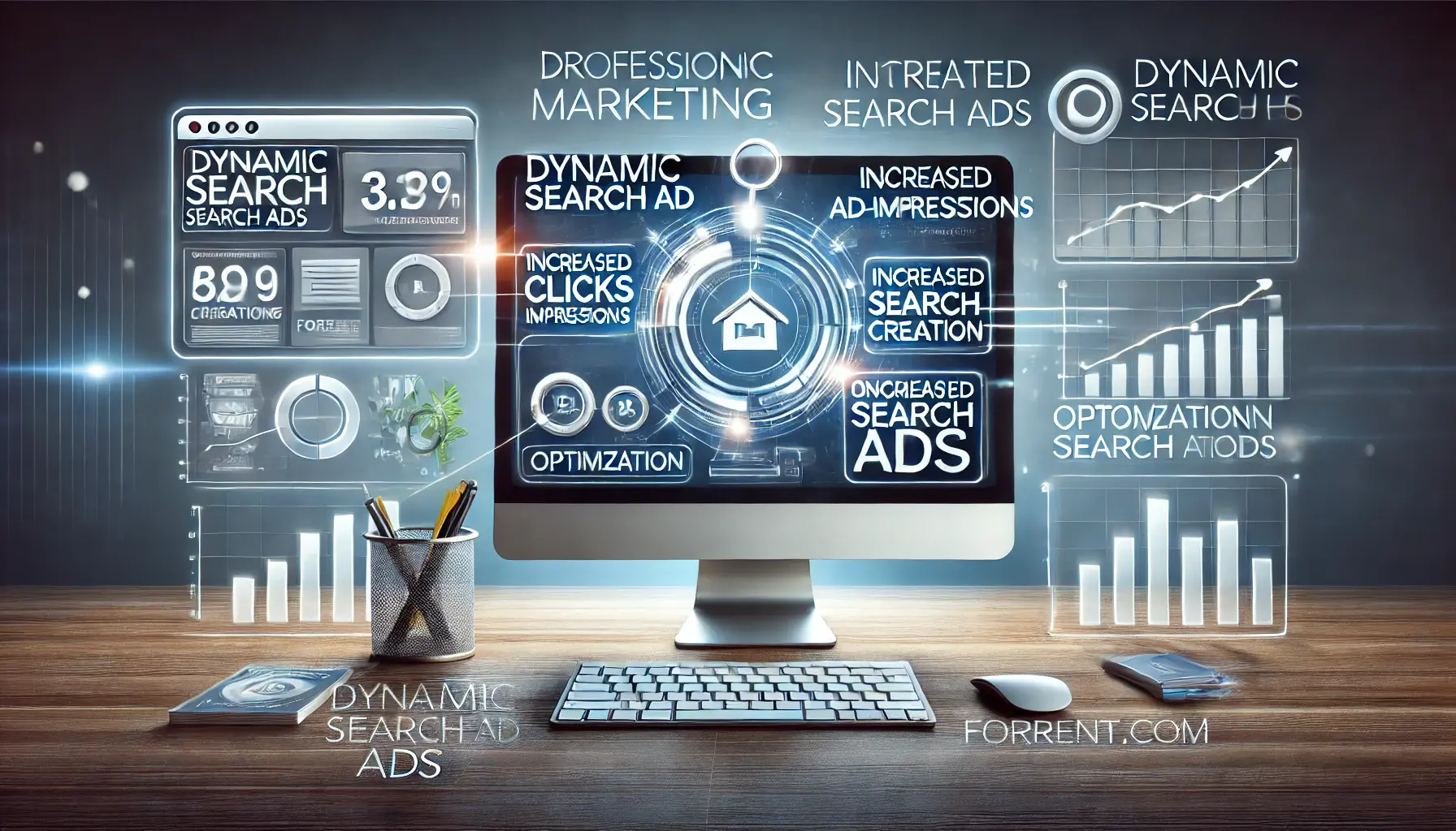 An illustration showing the success of dynamic search ads for ForRent.com with real-time campaign data, increased clicks, and optimization graphs.