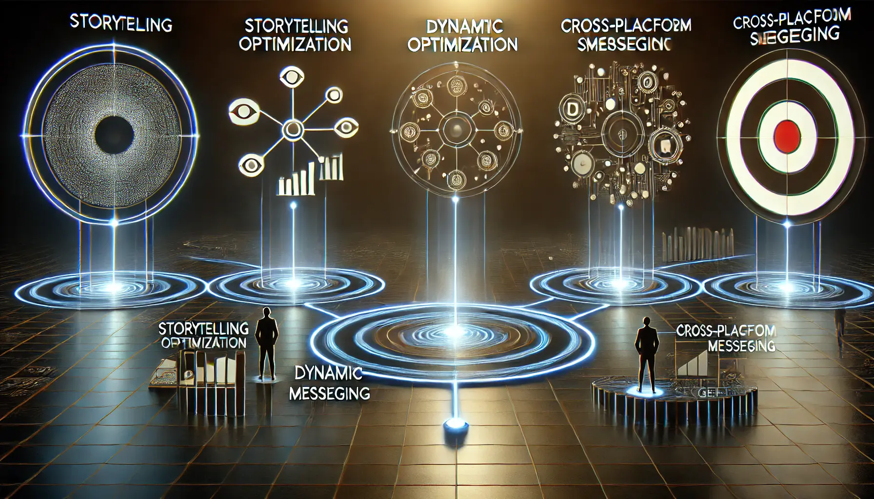 Four interconnected pathways symbolizing strategies like storytelling, dynamic optimization, cross-platform messaging, and data-driven segmentation.