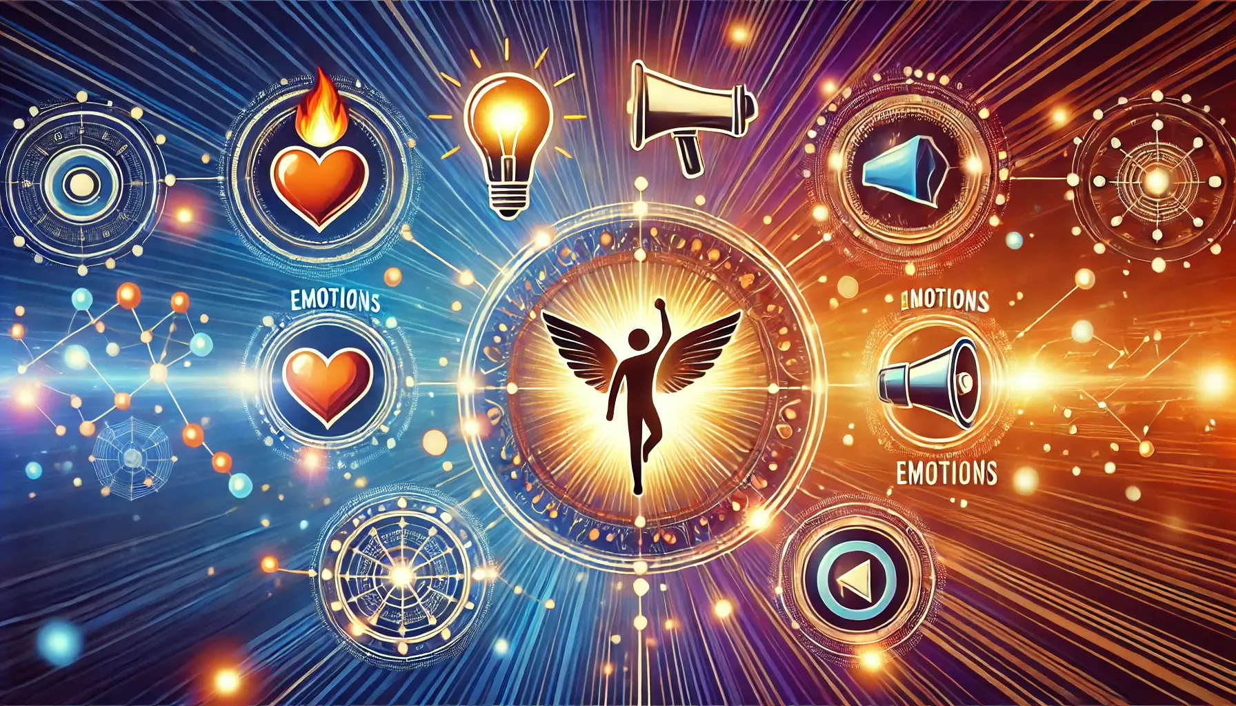 An image symbolizing four key storytelling techniques with interconnected elements like a hero figure, heart, lightbulb, and megaphone.