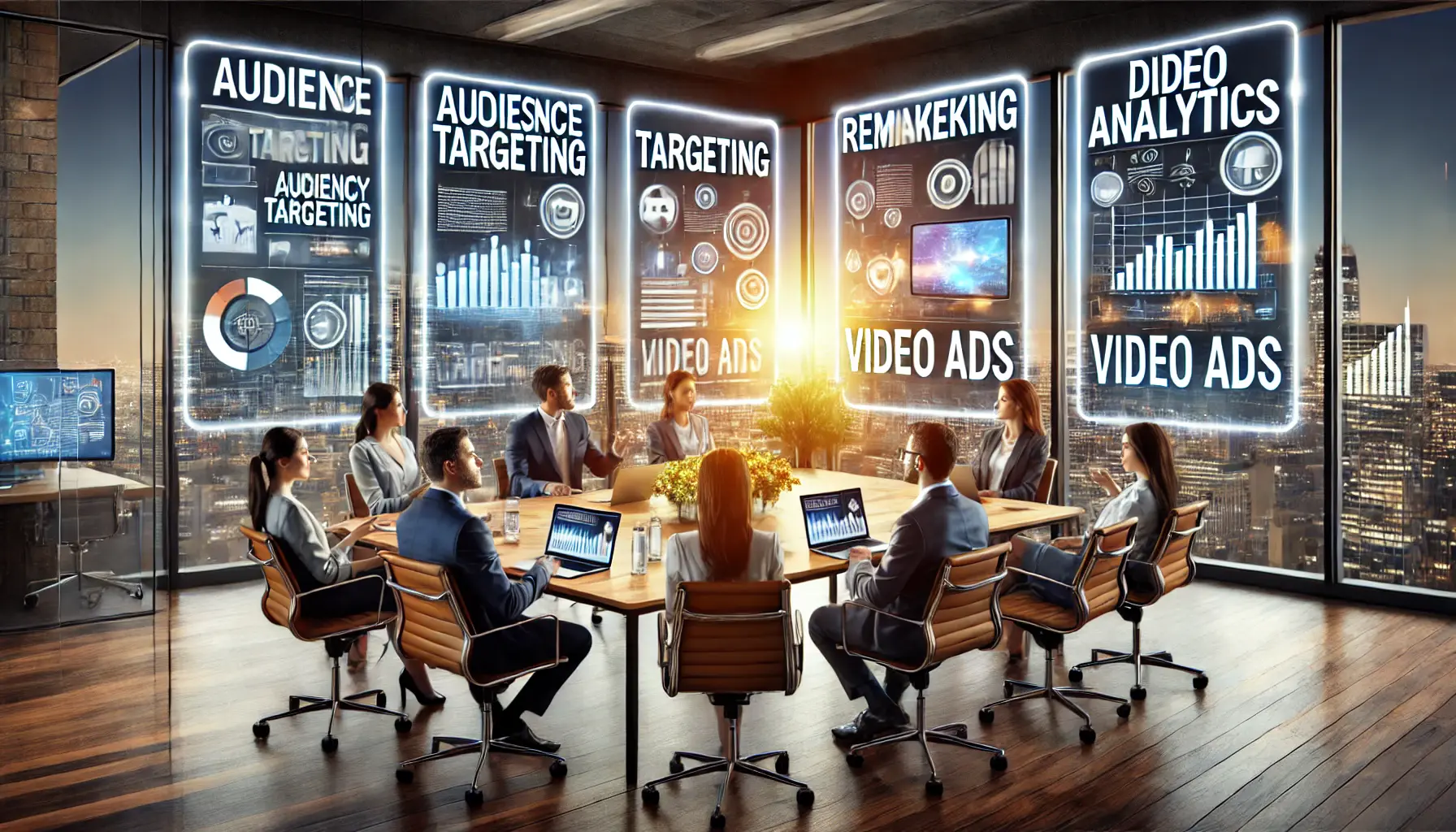 A marketing team collaborating around a table, with digital screens displaying strategies for digital marketing success.