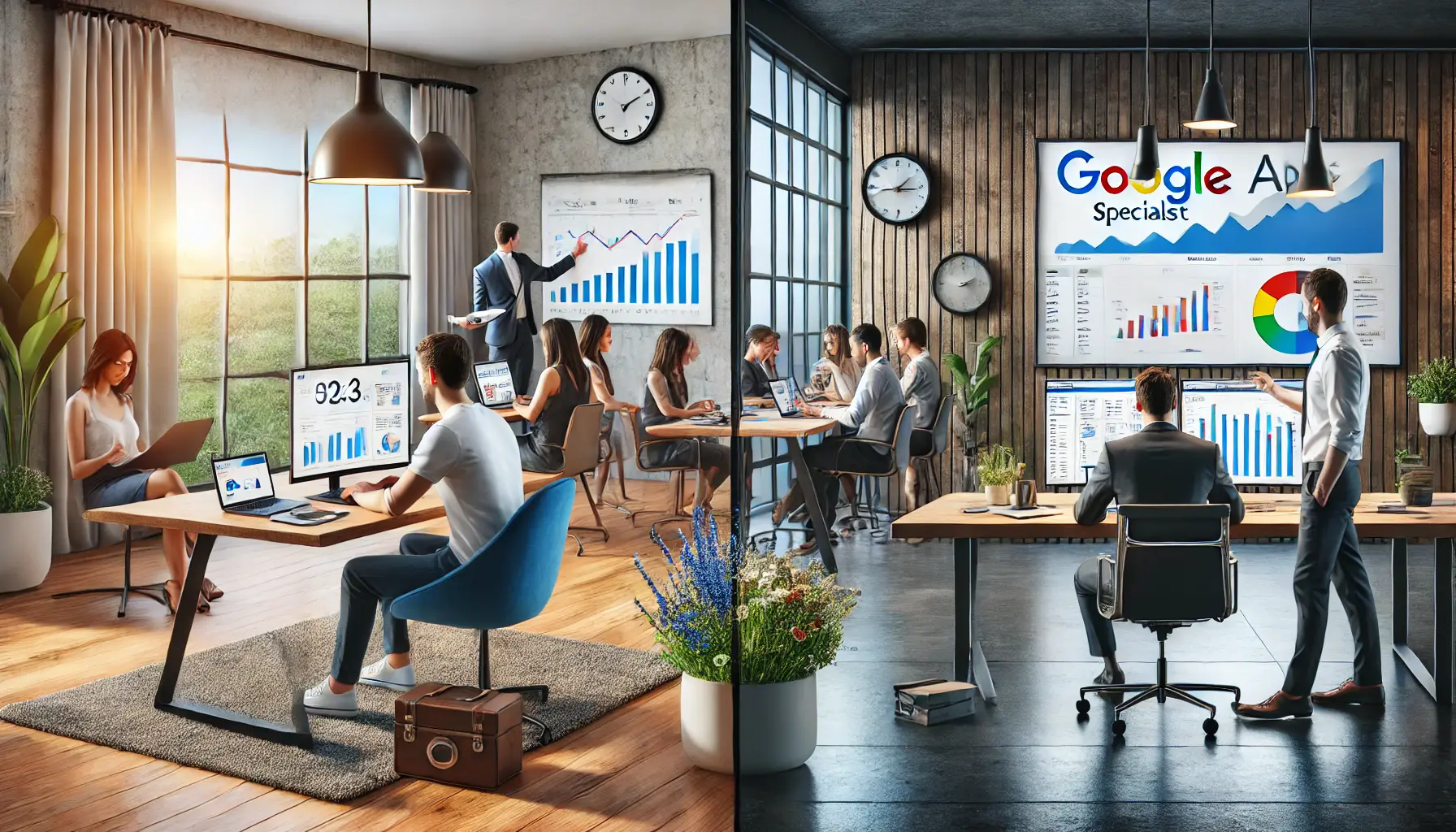 A split image showing a freelancer working from home with a laptop on one side and a team of professionals collaborating in an office on the other, representing freelancing and agency work environments.