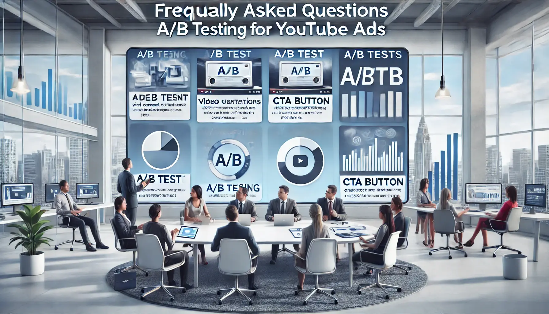 A visual representation of frequently asked questions about A/B testing for YouTube ads, showing a team discussing A/B test results and strategies in an office environment.