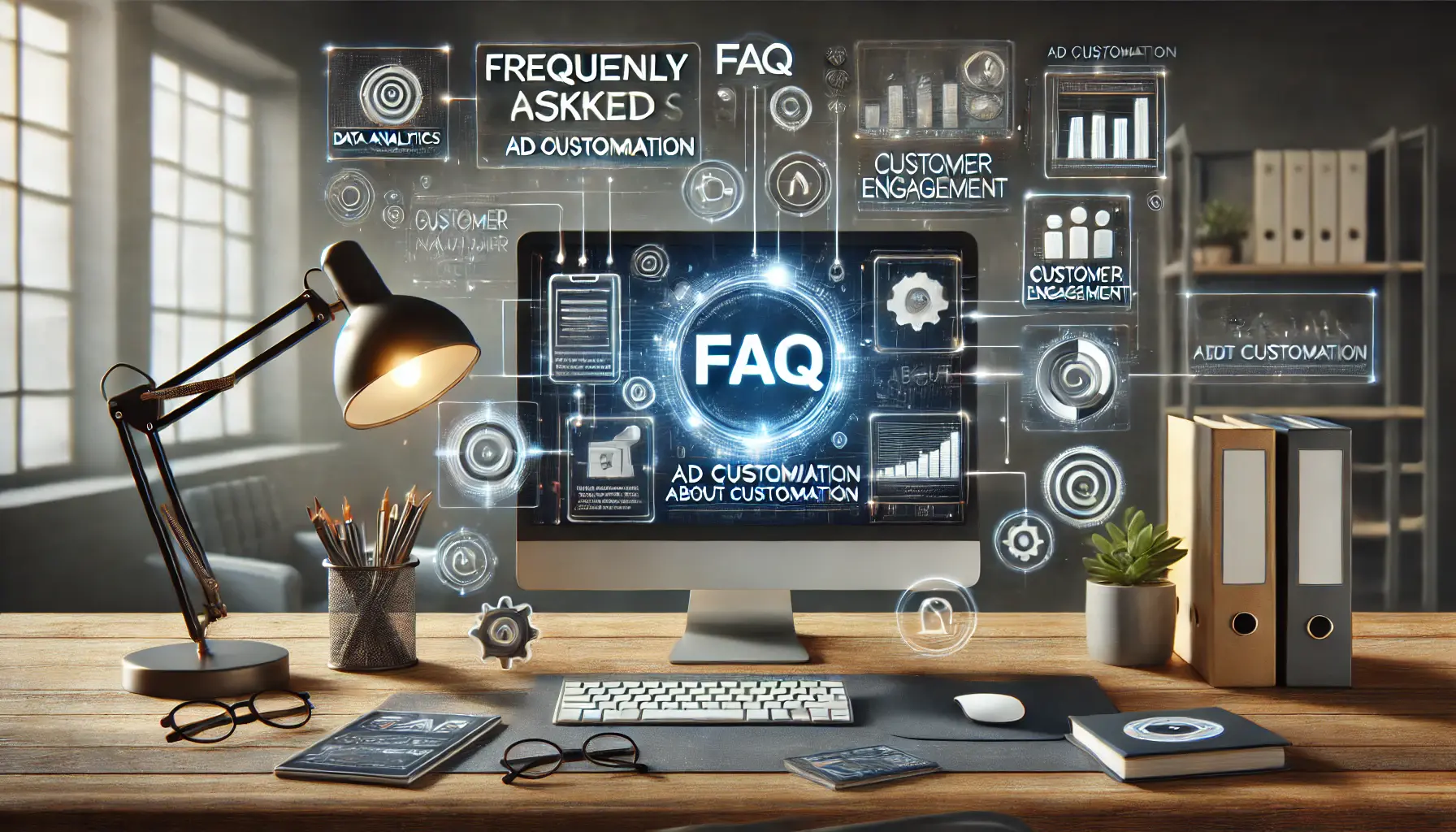 A modern workspace with a computer screen displaying an FAQ interface about ad customization, surrounded by icons representing data analytics and digital marketing strategies.