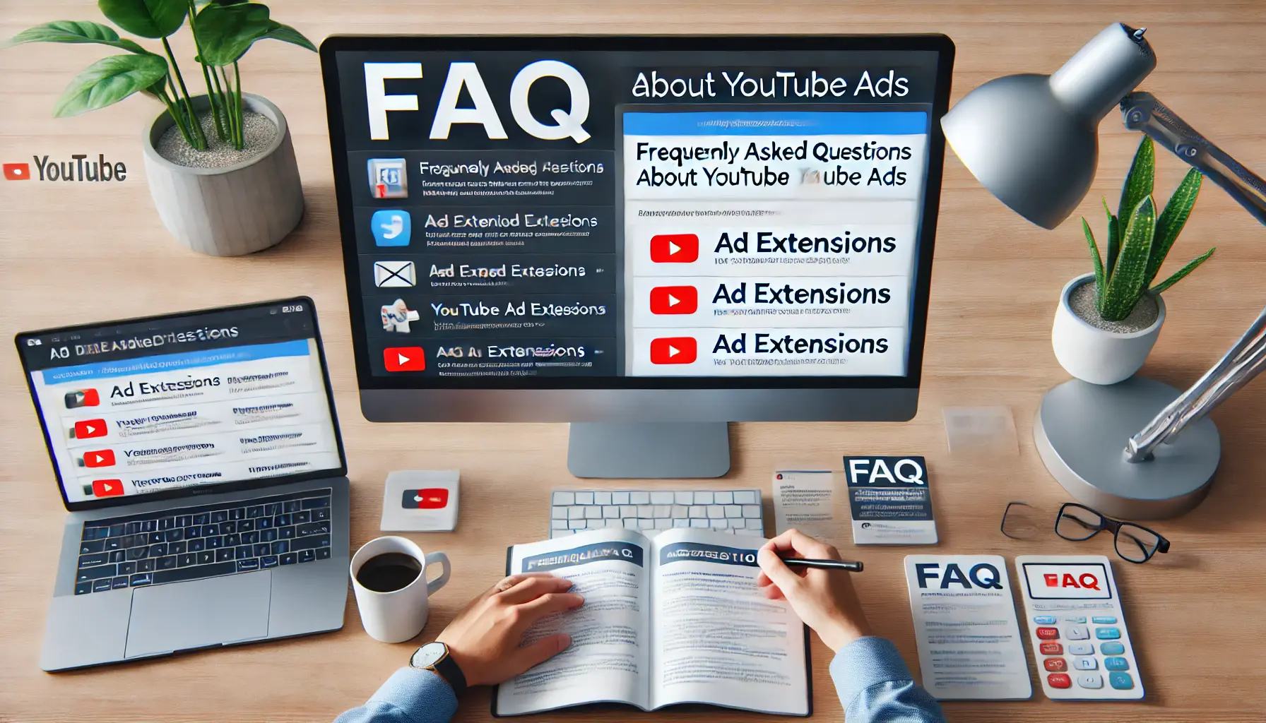 A digital marketing professional reviewing an FAQ page about YouTube ad extensions on a computer screen.