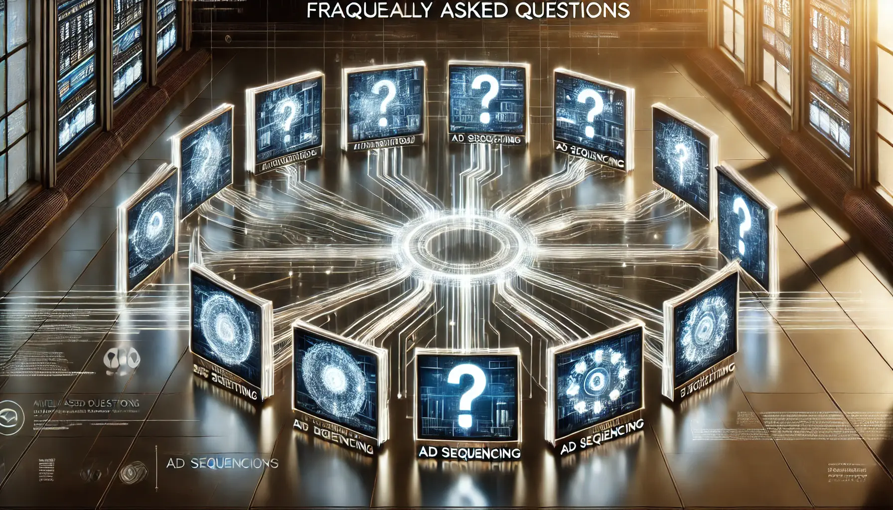 A professional representation of frequently asked questions about ad sequencing, with digital screens connected by glowing lines representing different ad sequencing concepts.