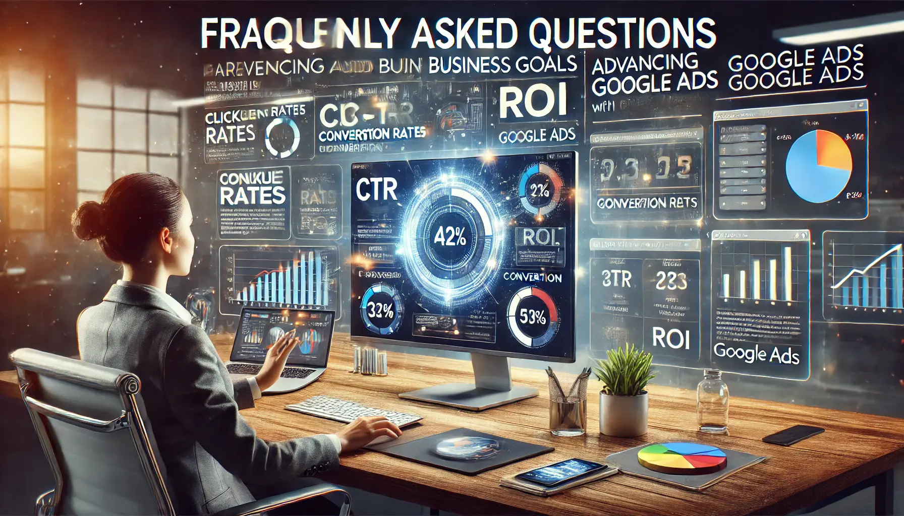 A marketer interacting with a screen displaying performance metrics such as CTR, conversion rate, and ROI, exploring key data related to Google Ads campaigns.