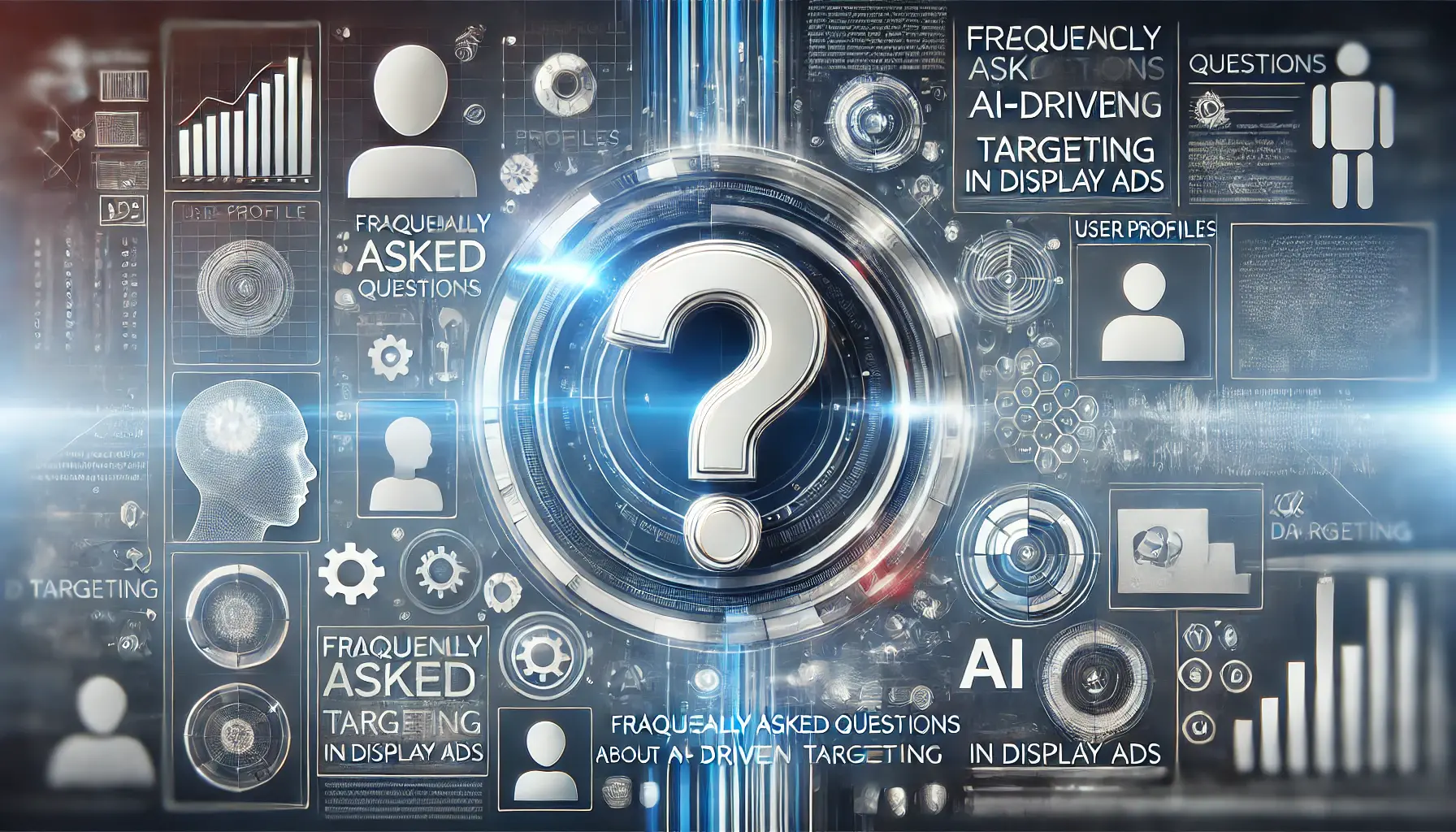 Abstract illustration of frequently asked questions about AI-driven targeting with question marks, data analysis, and ad targeting icons.