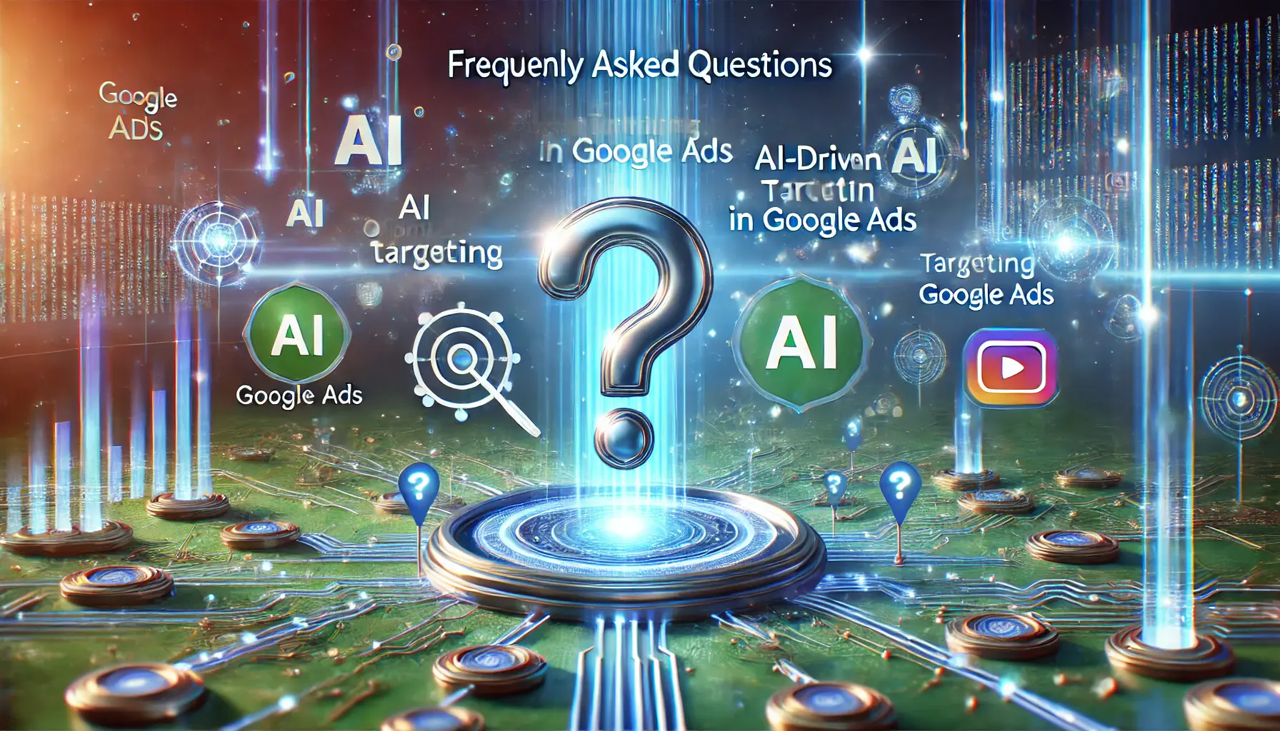 A visual representation of AI-driven targeting in Google Ads, featuring question marks, AI algorithms, and data flows.