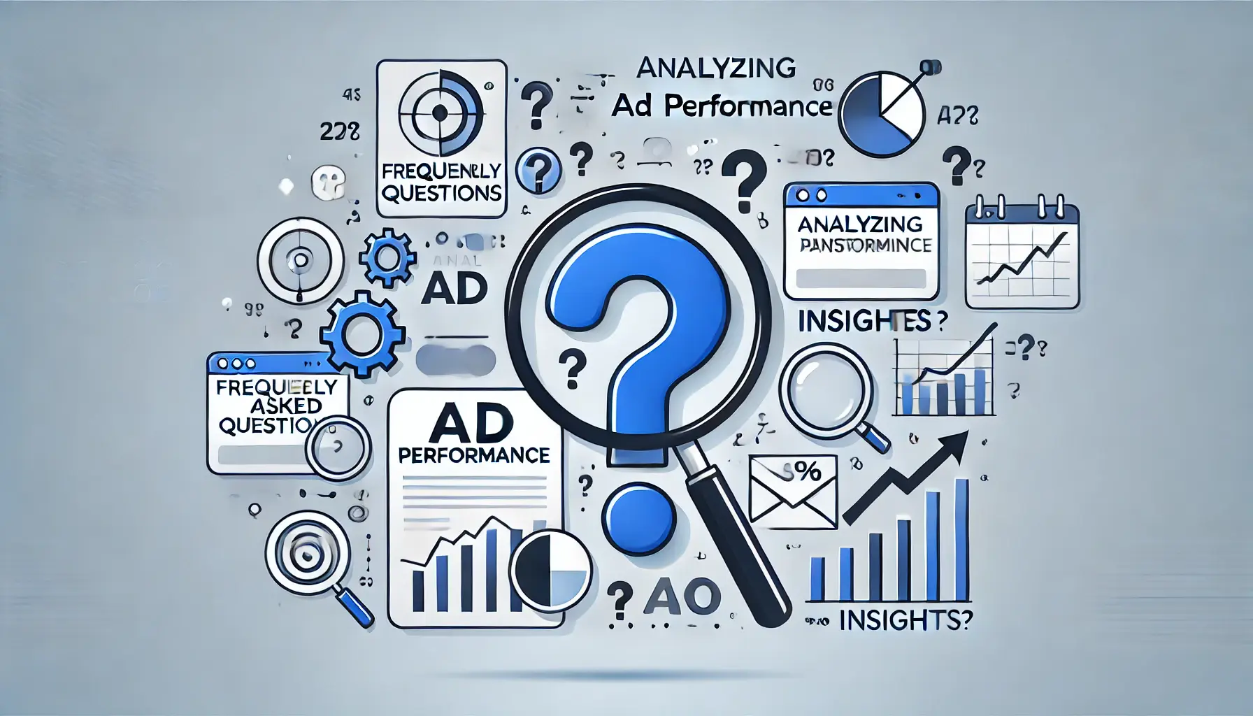 An illustration featuring question mark icons, data charts, magnifying glasses, and arrows representing insights about ad performance.