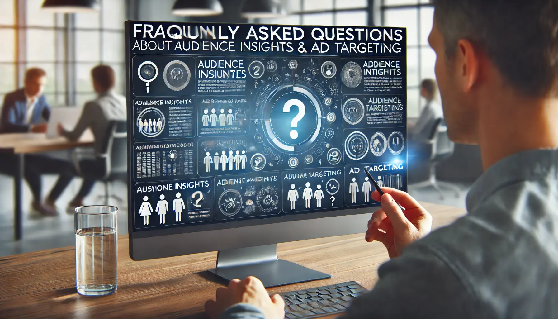 A digital marketer reviewing a list of frequently asked questions about audience insights and ad targeting, with visual data and question icons on a computer screen in a modern office.