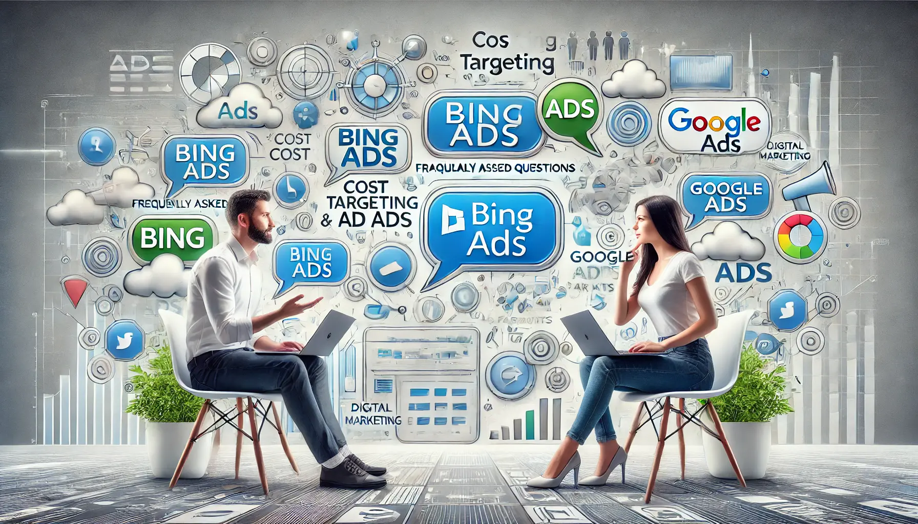 Illustration of two people discussing Bing Ads and Google Ads, with thought bubbles showing icons for common advertising questions.