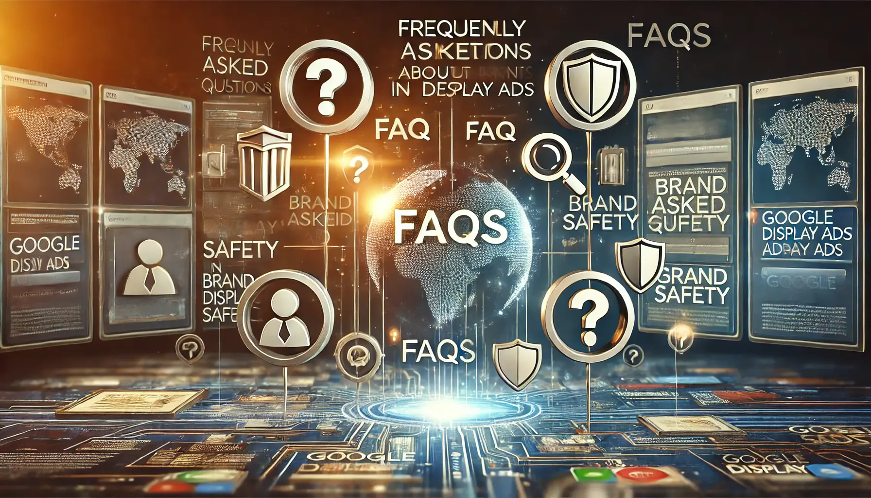 An image representing frequently asked questions about brand safety, featuring question marks, dialogue bubbles, and security symbols like shields and filters.