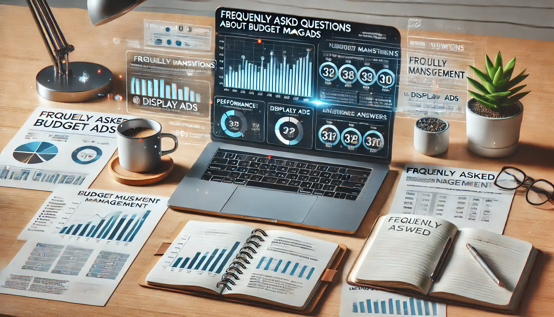 A modern workspace with a laptop displaying analytics for display ads, financial reports, and a notebook with questions and answers about budget management.