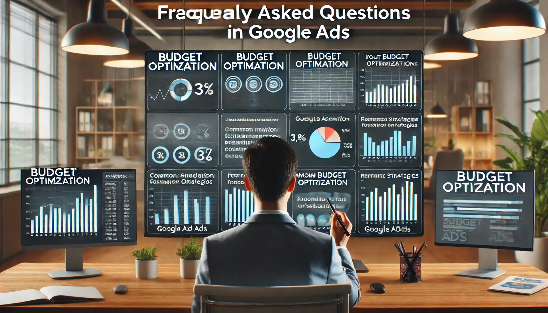 A digital marketing professional reviewing a set of frequently asked questions about budget optimization in Google Ads, with multiple monitors displaying performance data and graphs in a modern office.