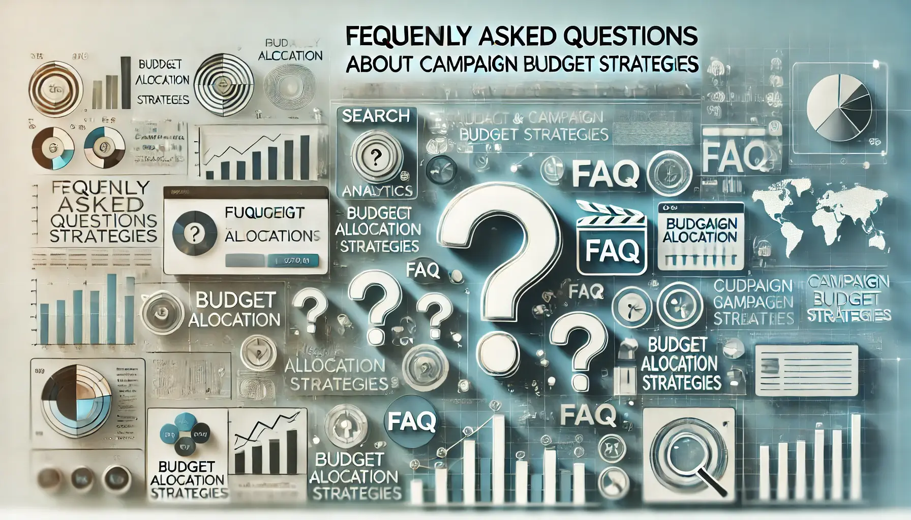 Digital workspace with data icons like question marks, budget allocation charts, and financial graphs for campaign budget strategies.