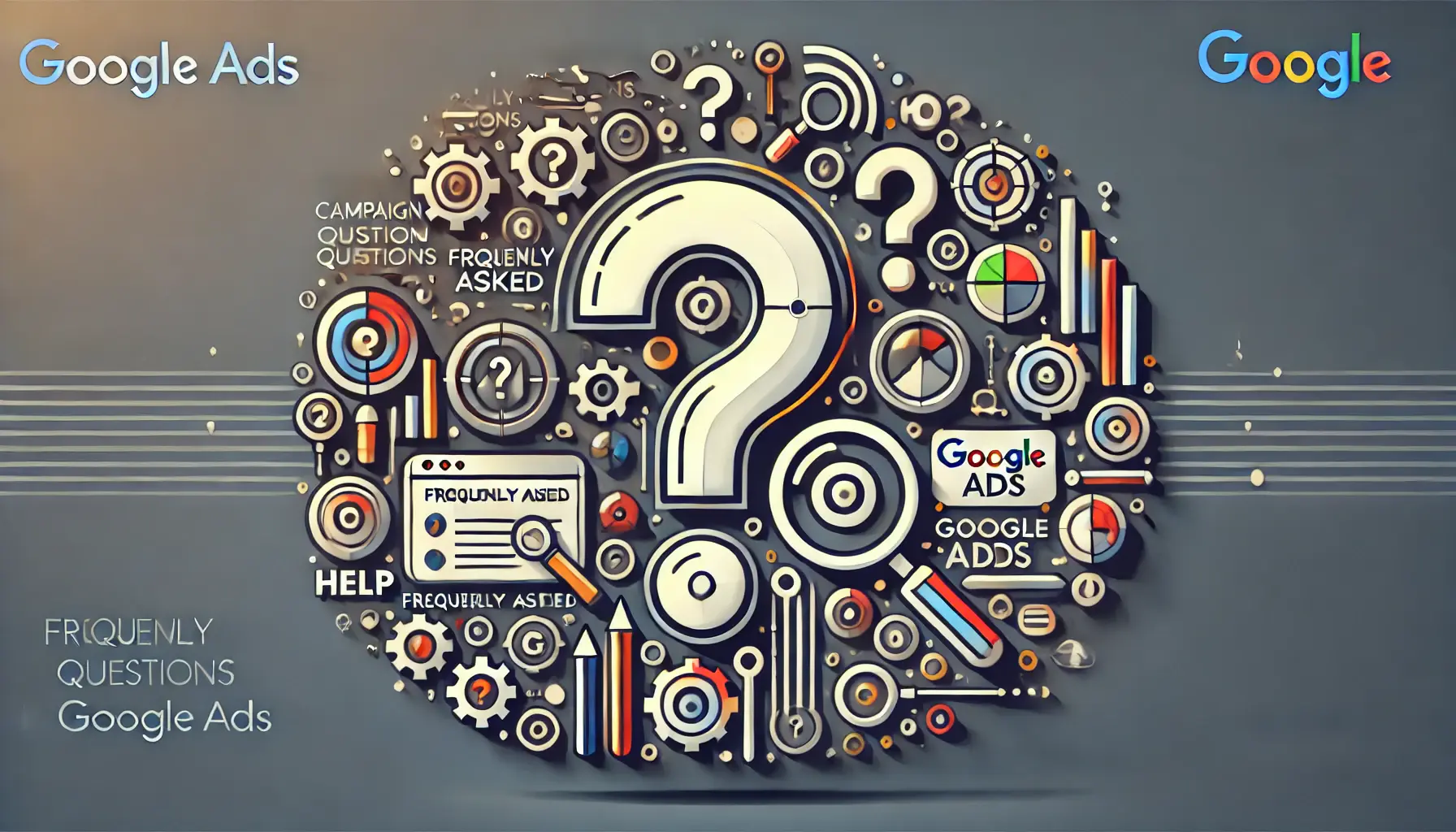 Abstract image symbolizing frequently asked questions, featuring question marks, digital tools, and inquiry symbols.