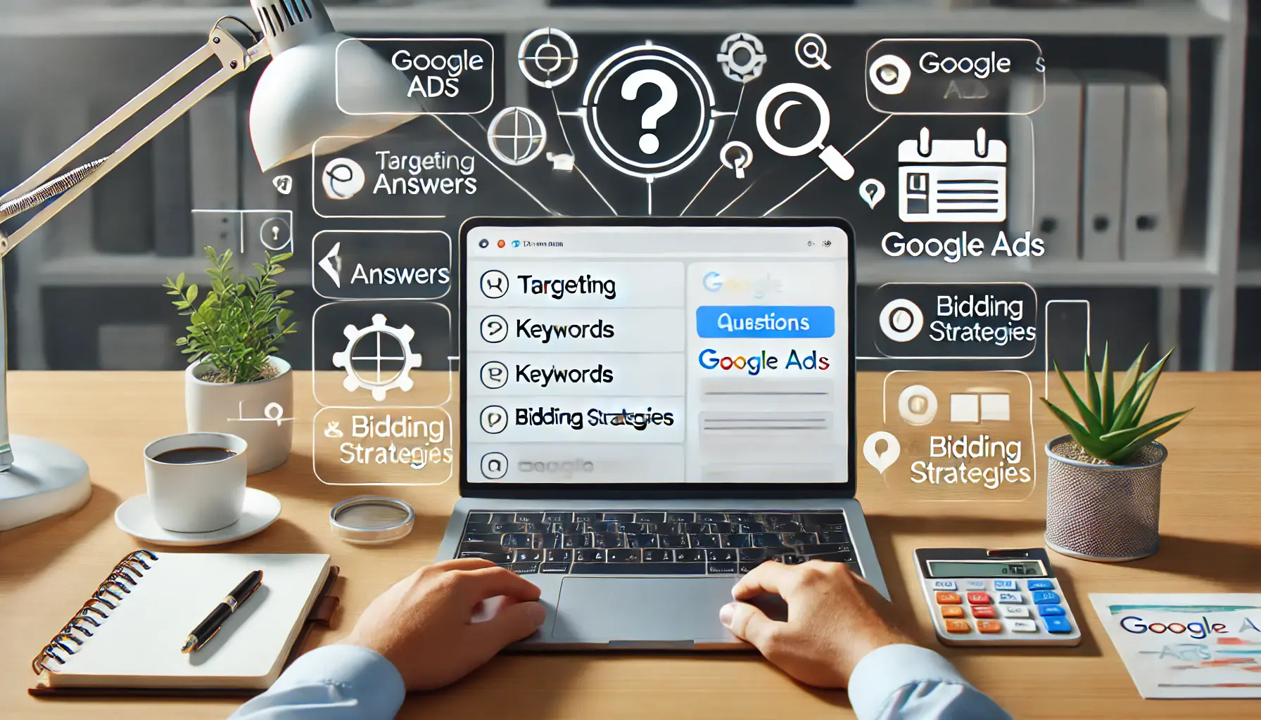 A laptop displaying a Google Ads dashboard surrounded by digital icons representing questions and answers related to campaign creation.