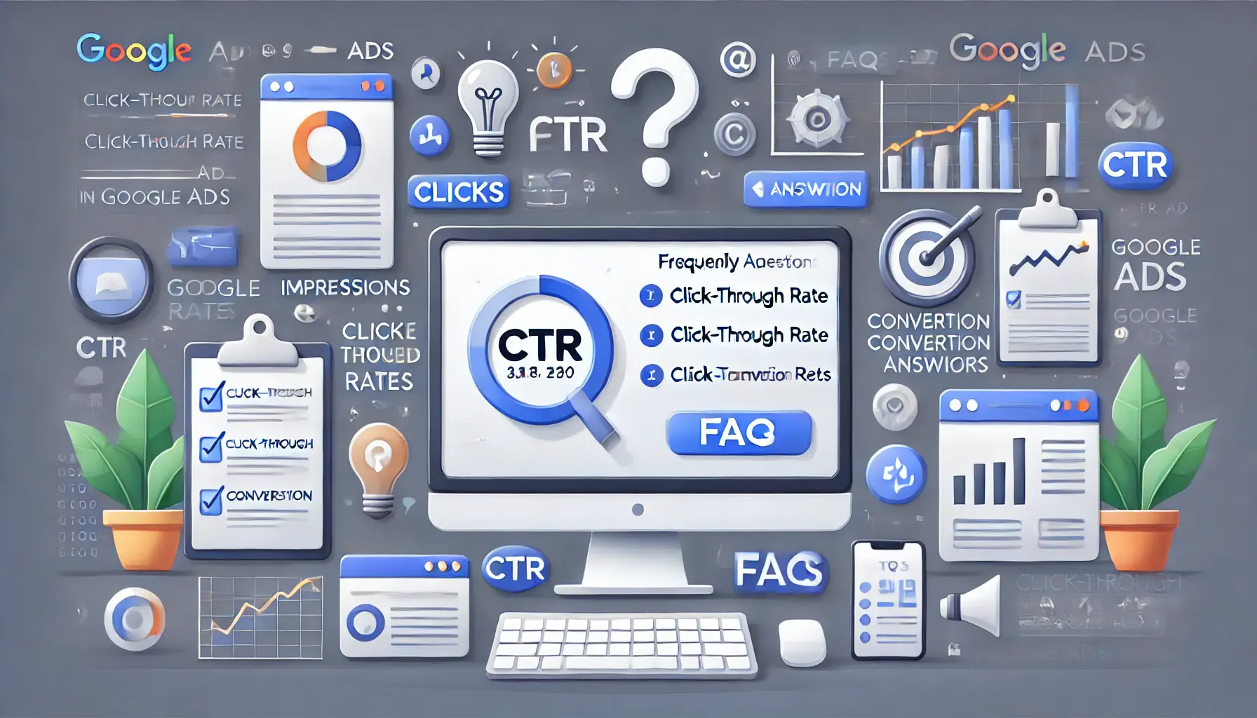 An illustration showing a dashboard with CTR metrics and question icons symbolizing frequently asked questions about click-through rates in Google Ads.