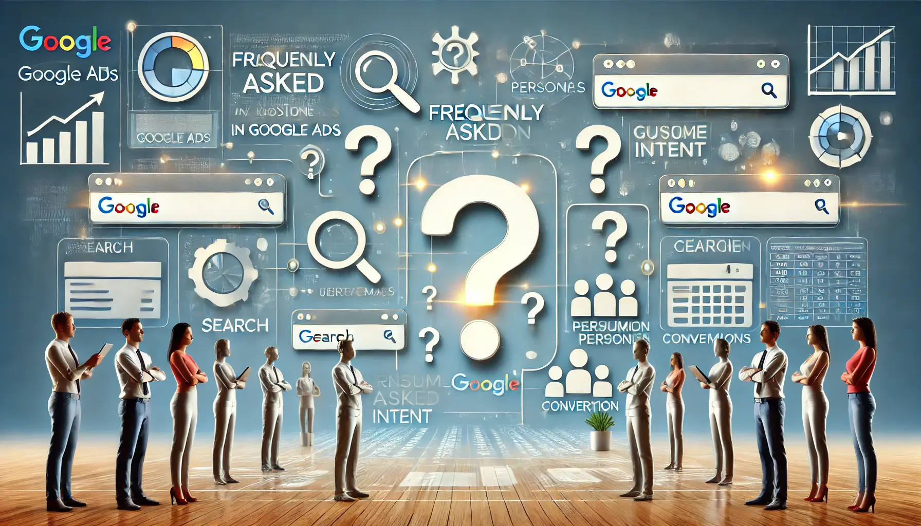 Abstract image showing a digital interface with question mark icons and elements like search bars, user personas, and conversion metrics.