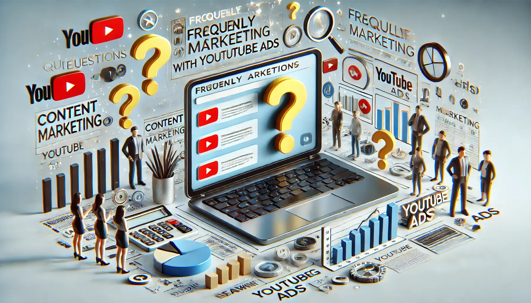 A digital workspace with an open laptop displaying a question-and-answer interface about YouTube Ads, with question marks and charts.