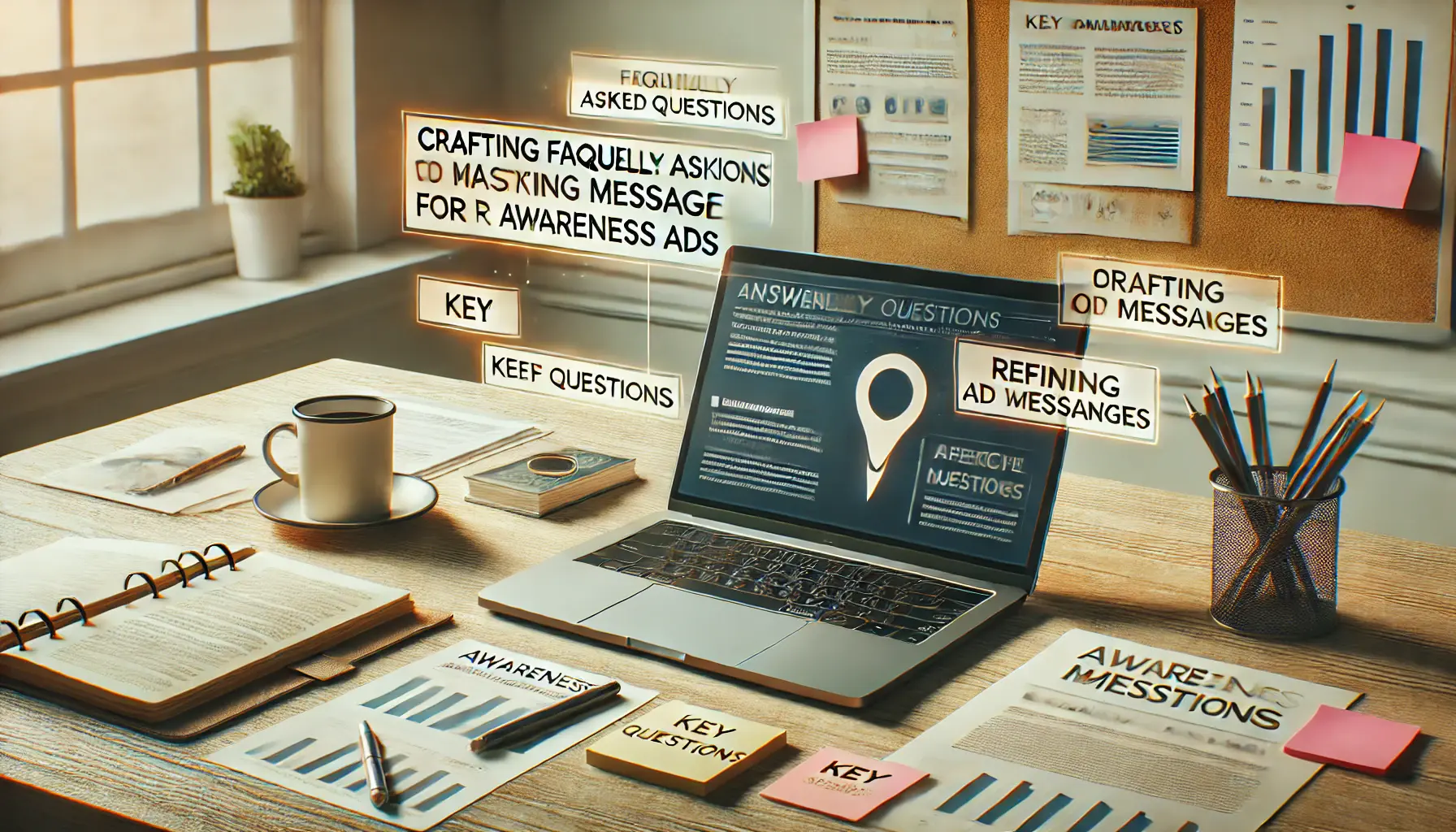 A professional workspace with a laptop showing insights on ad messaging, printed documents, sticky notes with key questions, and a cup of coffee.