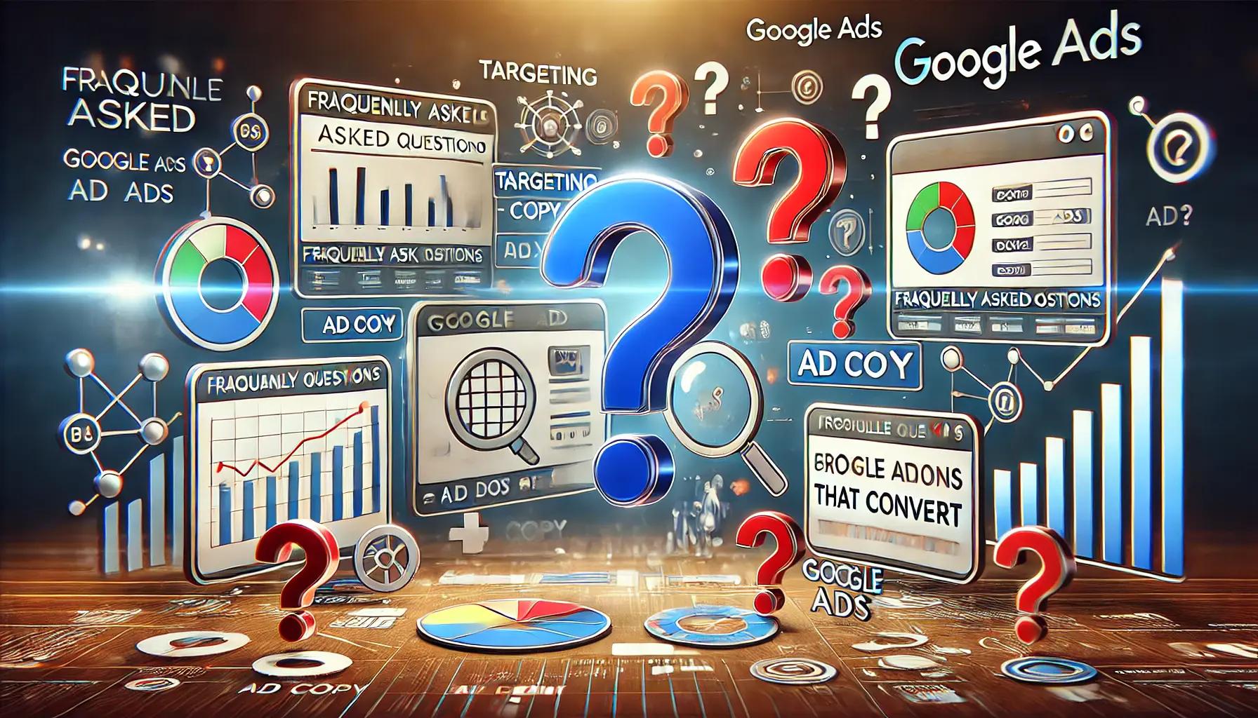 An illustration representing frequently asked questions about creating Google Ads, featuring a digital dashboard with metrics, charts, and question mark symbols.