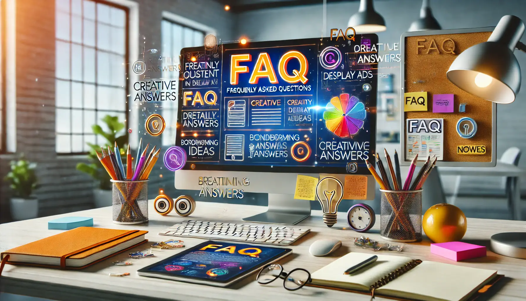 A modern workspace with a monitor showing an FAQ interface and tools for addressing creative content questions.