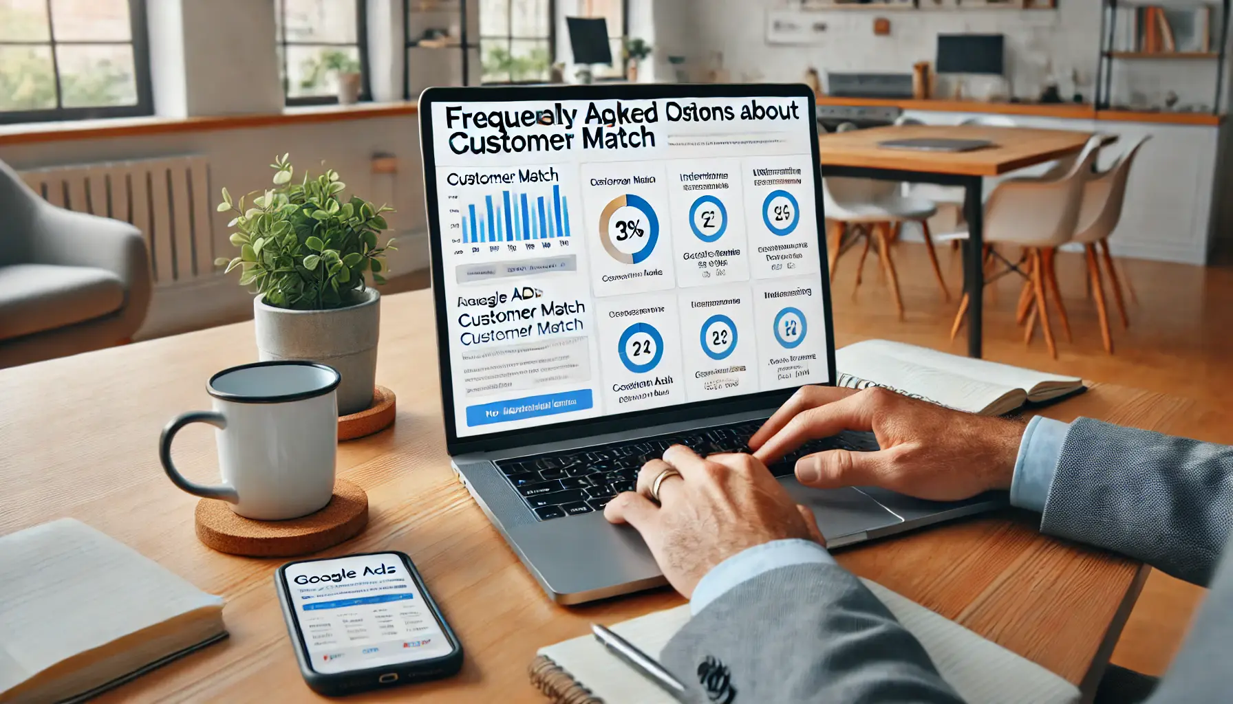 A digital marketer reviewing frequently asked questions about Google Ads Customer Match on a laptop, with analytics and interface elements displayed on the screen.