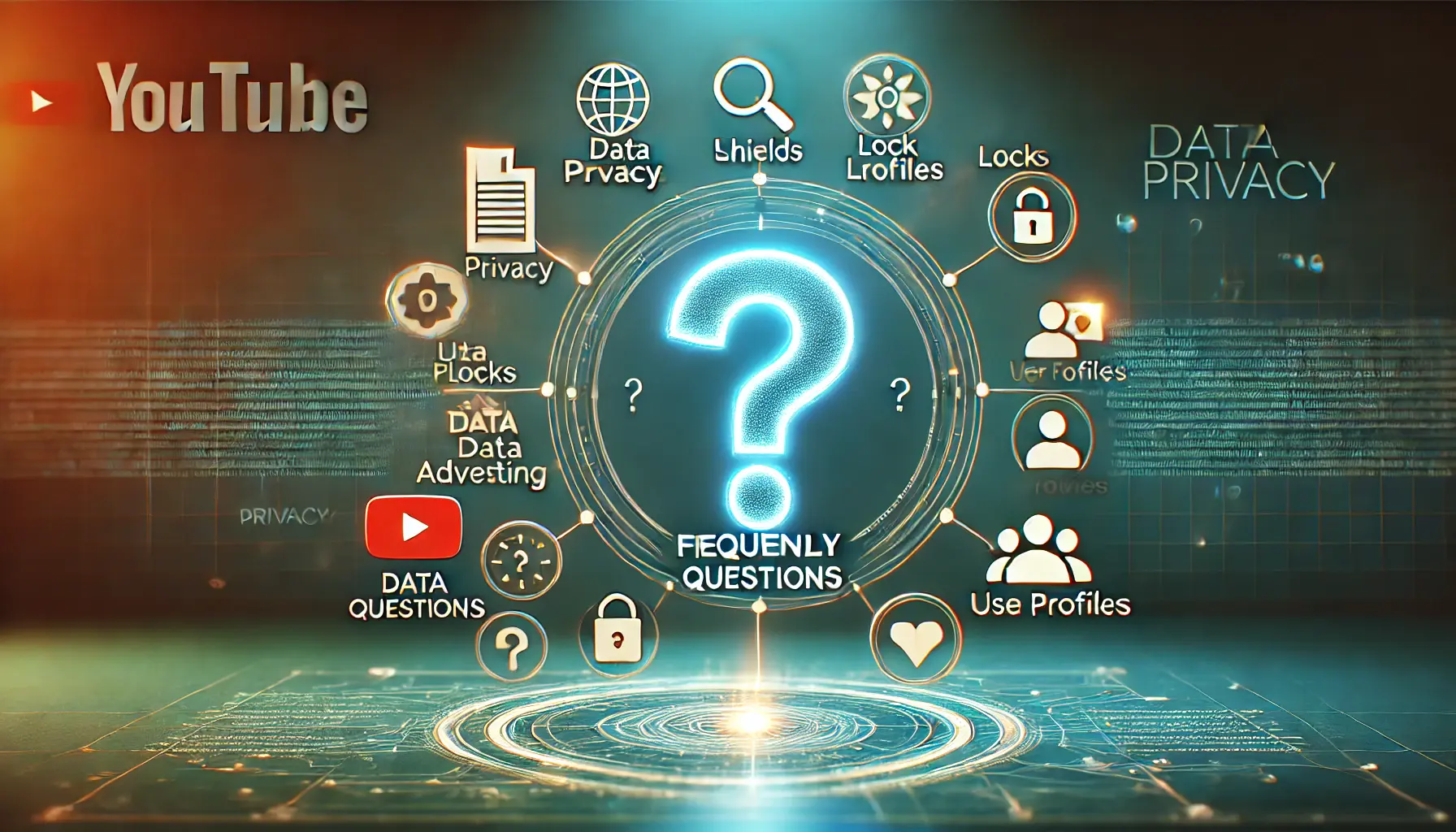 A glowing question mark surrounded by privacy icons like shields, locks, user profiles, and data streams, symbolizing inquiries about data privacy in YouTube advertising.