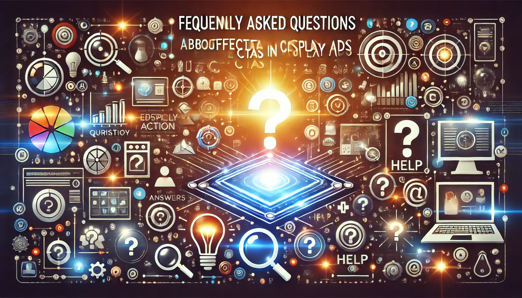 An image featuring a glowing call-to-action button surrounded by question marks, lightbulbs, and icons symbolizing curiosity and problem-solving.