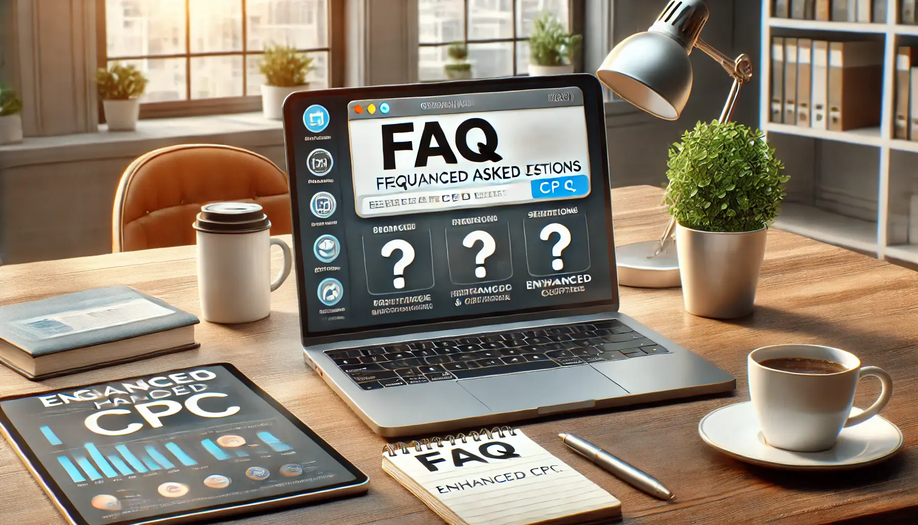 A digital marketing workspace with a laptop displaying an open FAQ section with question marks and search results.