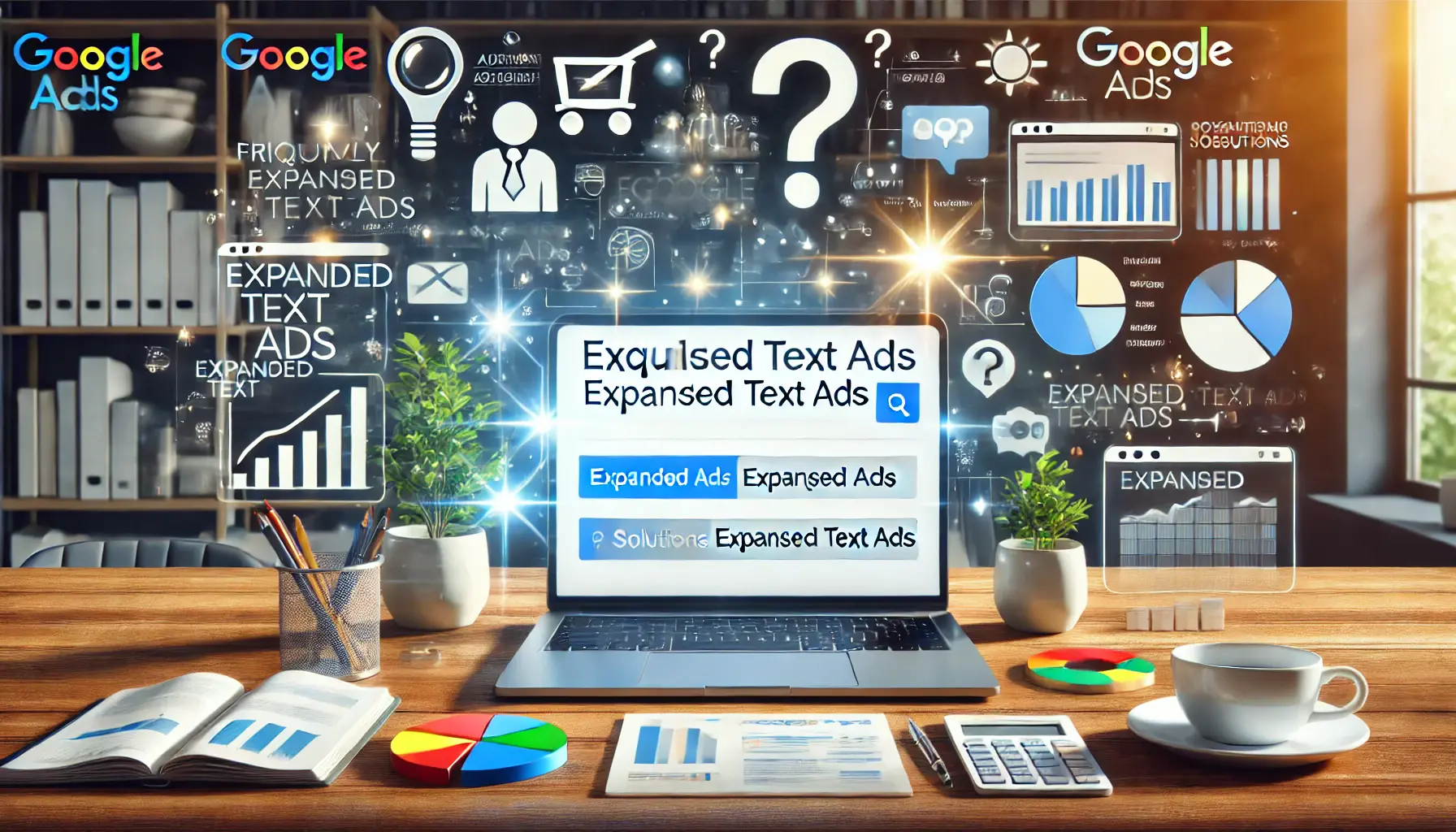 A digital marketing workspace symbolizing frequently asked questions about Expanded Text Ads, with question mark icons and discussion bubbles.