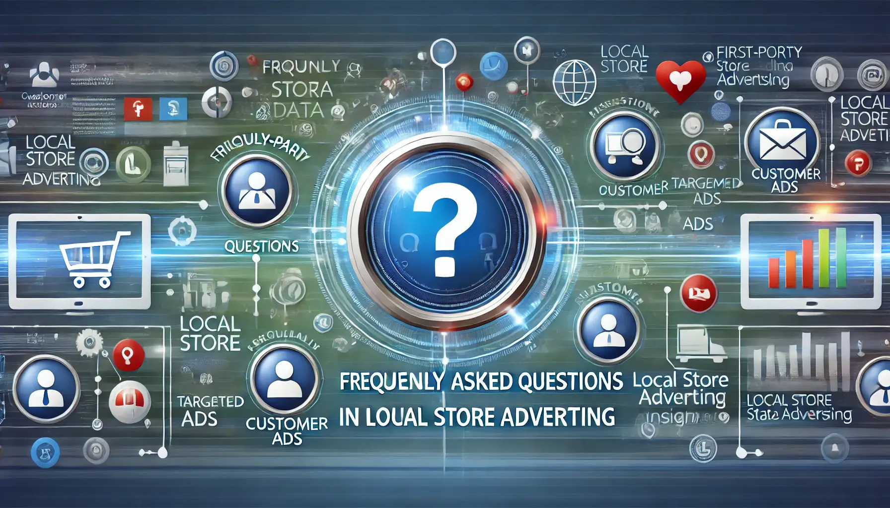 An illustration depicting frequently asked questions about first-party data in local store advertising, featuring a digital interface with icons symbolizing customer interactions and data insights.