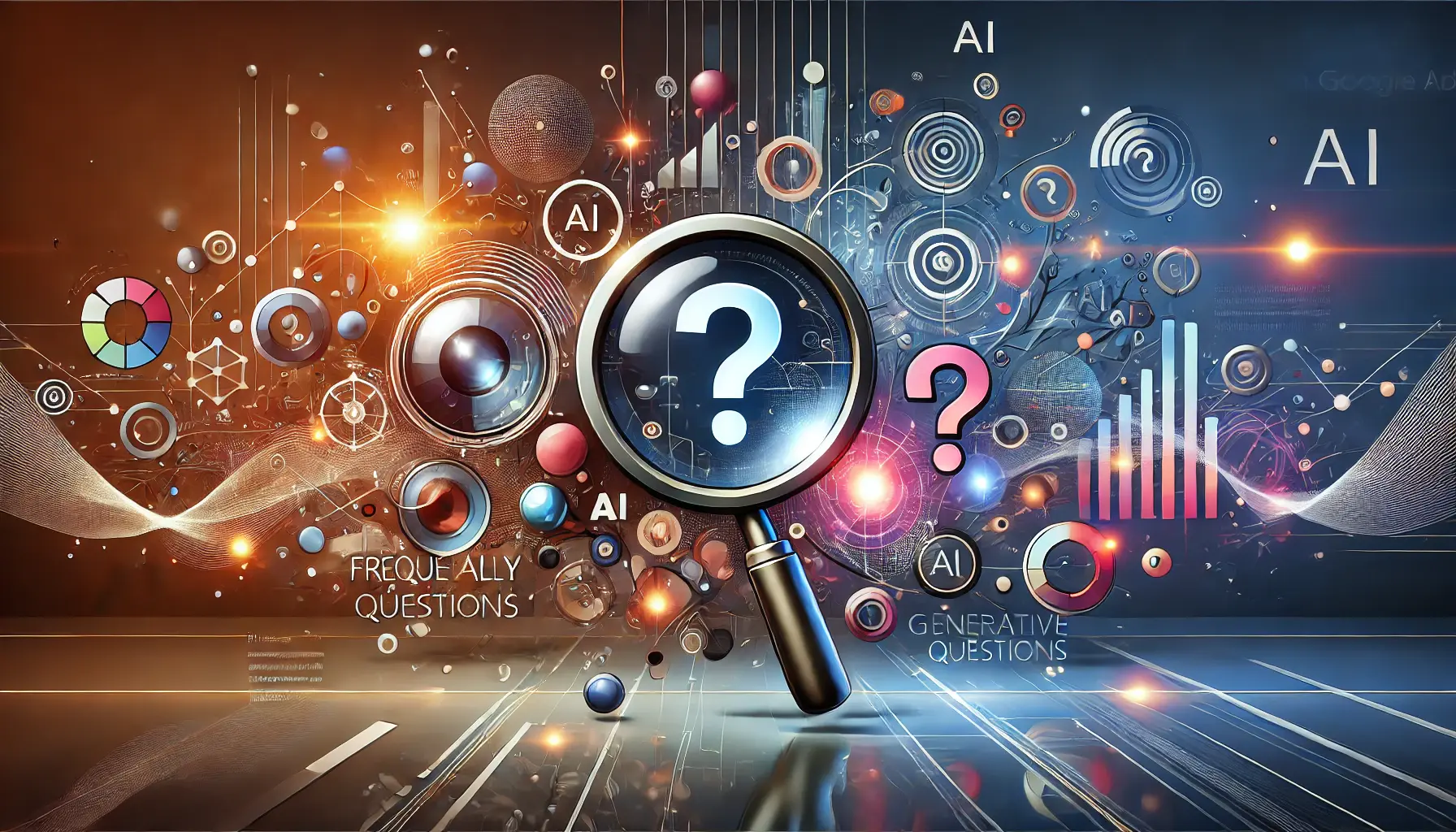 Illustration representing frequently asked questions about Generative AI in Google Ads, featuring magnifying glass, data nodes, and digital inquiry symbols.