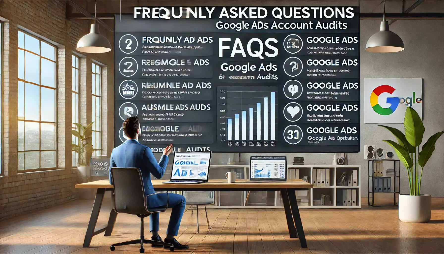 A digital marketer reviewing common questions and Google Ads audit-related data on a large screen in a modern office.