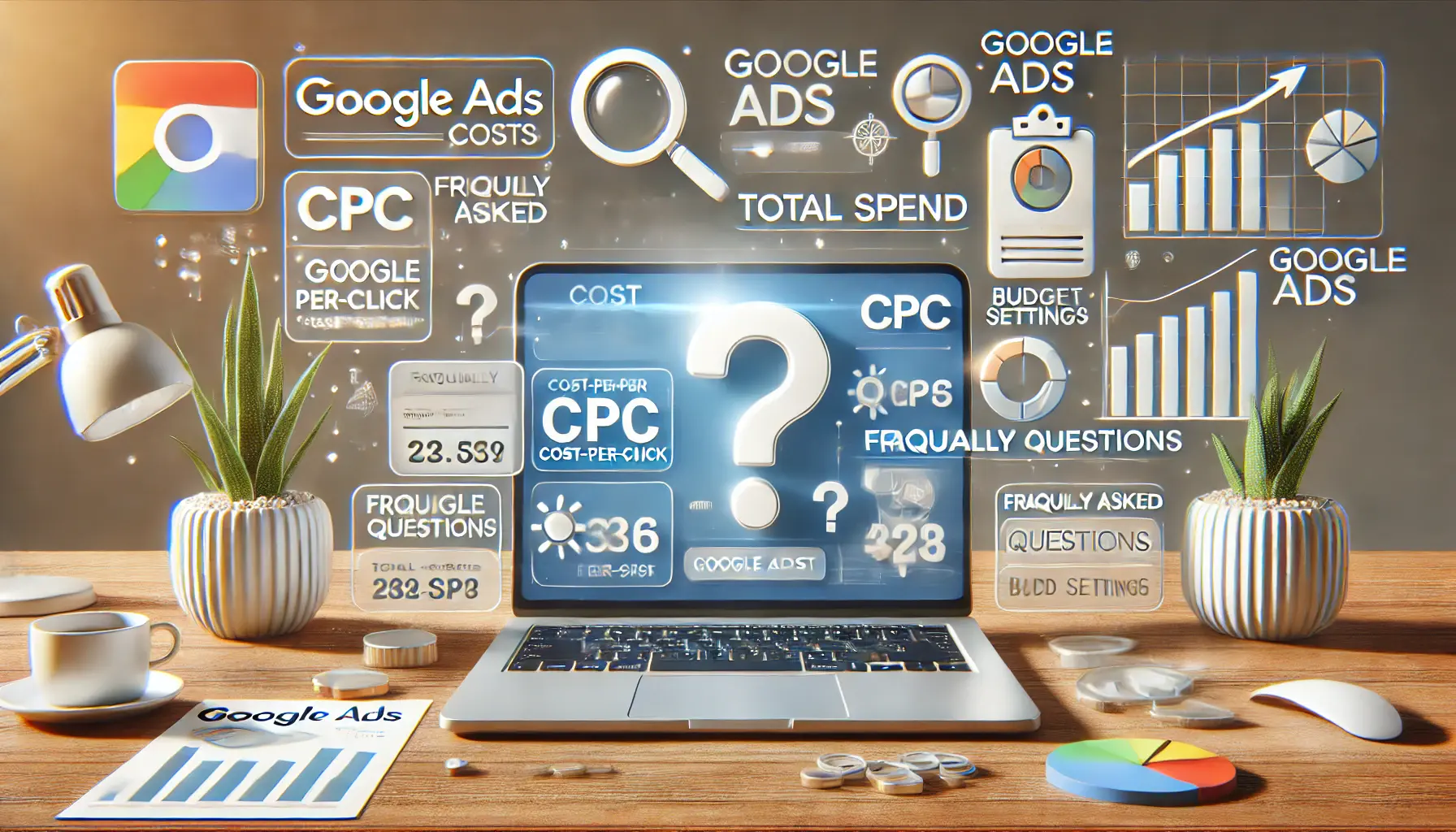 A digital marketing workspace showing a laptop with a dashboard displaying metrics like CPC, total spend, and budget, surrounded by question mark icons and graphs.