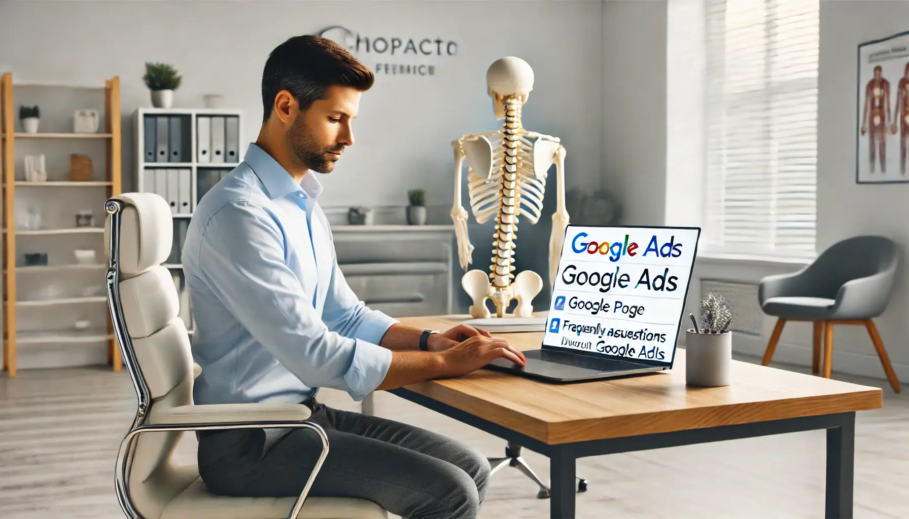 A chiropractor reviewing frequently asked questions about Google Ads for their practice on a laptop in a modern clinic.