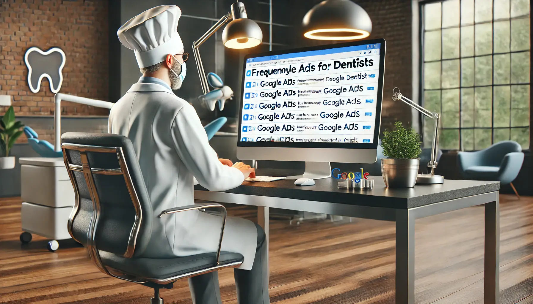 A dentist reviewing frequently asked questions about Google Ads for dentists on a computer screen in a modern office.