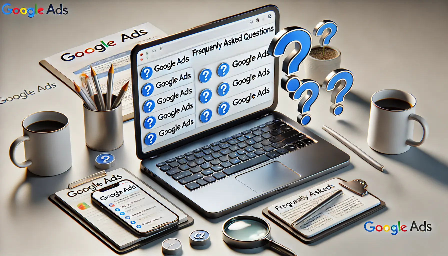 A laptop displaying a Google Ads interface with question icons, surrounded by a smartphone with insights, a notepad with notes, and a coffee mug in a clean and modern workspace.