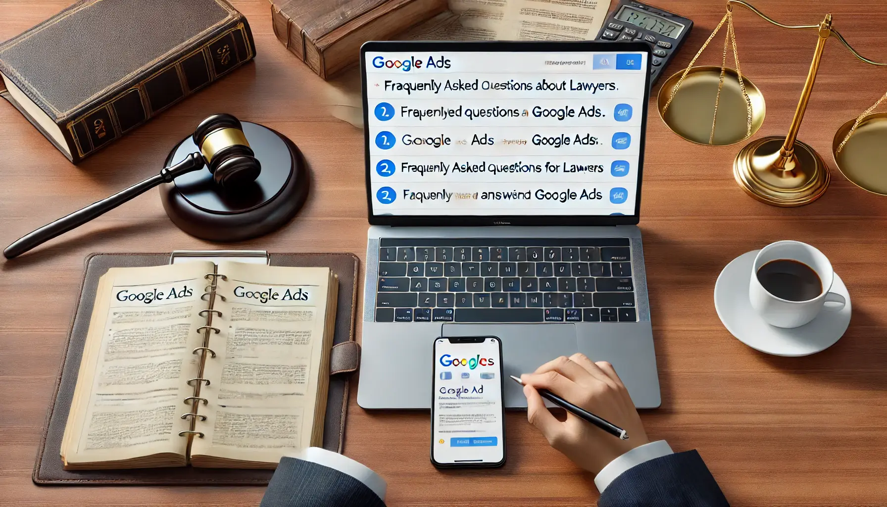 A professional office desk with a laptop displaying a Google Ads interface, surrounded by legal documents, a gavel, a smartphone, and a coffee cup.