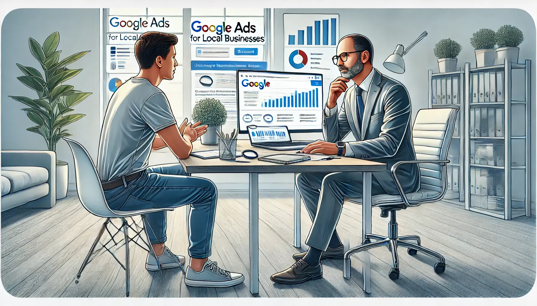 A small business owner discussing Google Ads with a consultant, reviewing performance charts and graphs on a laptop.