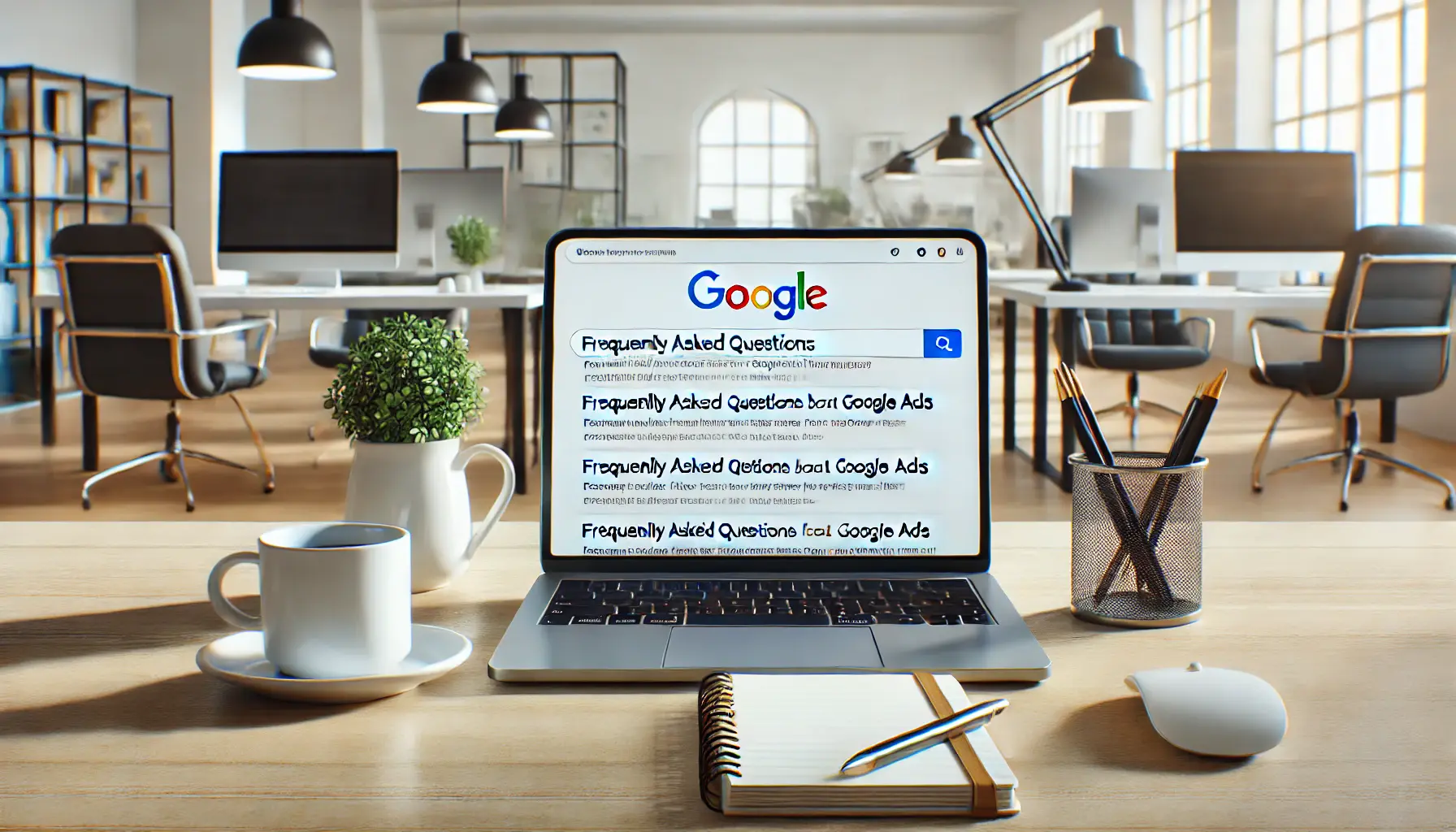 A modern office workspace with a laptop displaying a search engine page with results for Google Ads-related questions, surrounded by a notepad and coffee cup.