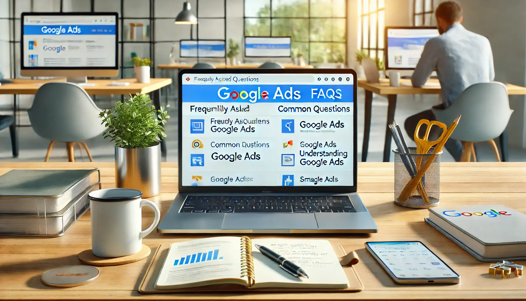 A laptop displaying the Google Ads interface, with the user browsing through frequently asked questions (FAQs), set on a desk with a coffee mug, notebook, and tablet.