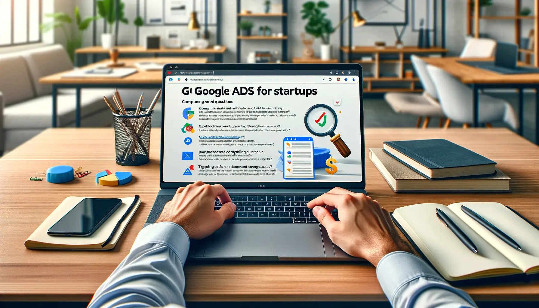 A digital marketing professional reviewing frequently asked questions about Google Ads for startups.