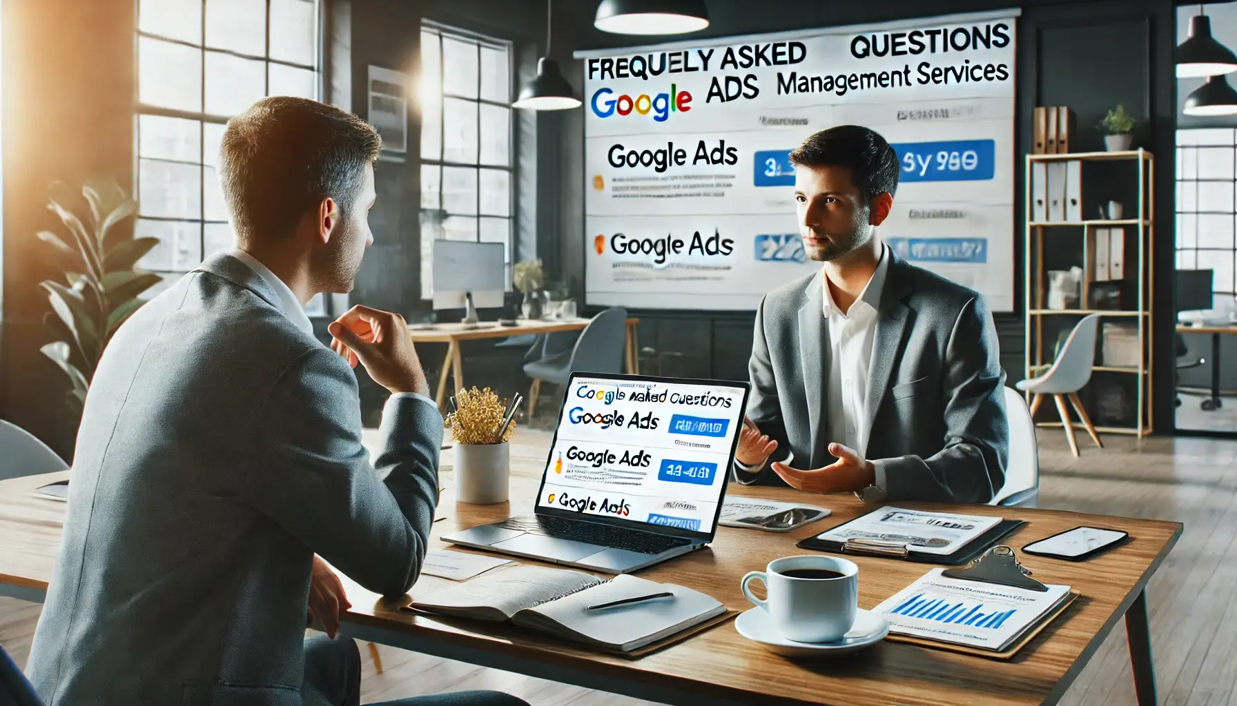 A digital marketer discussing Google Ads strategies with a client in a modern office, with a laptop displaying detailed campaign data.