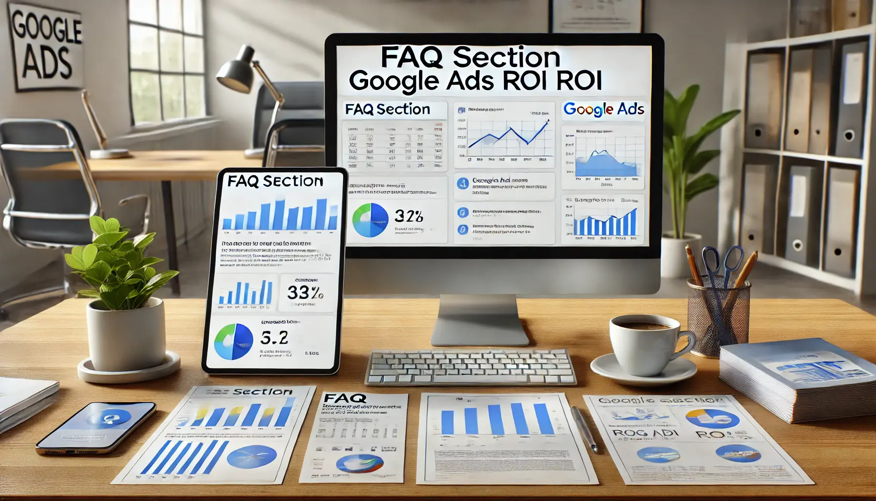 A workspace featuring a computer with a Google Ads dashboard, a tablet displaying an FAQ interface with graphs, and documents with data charts.