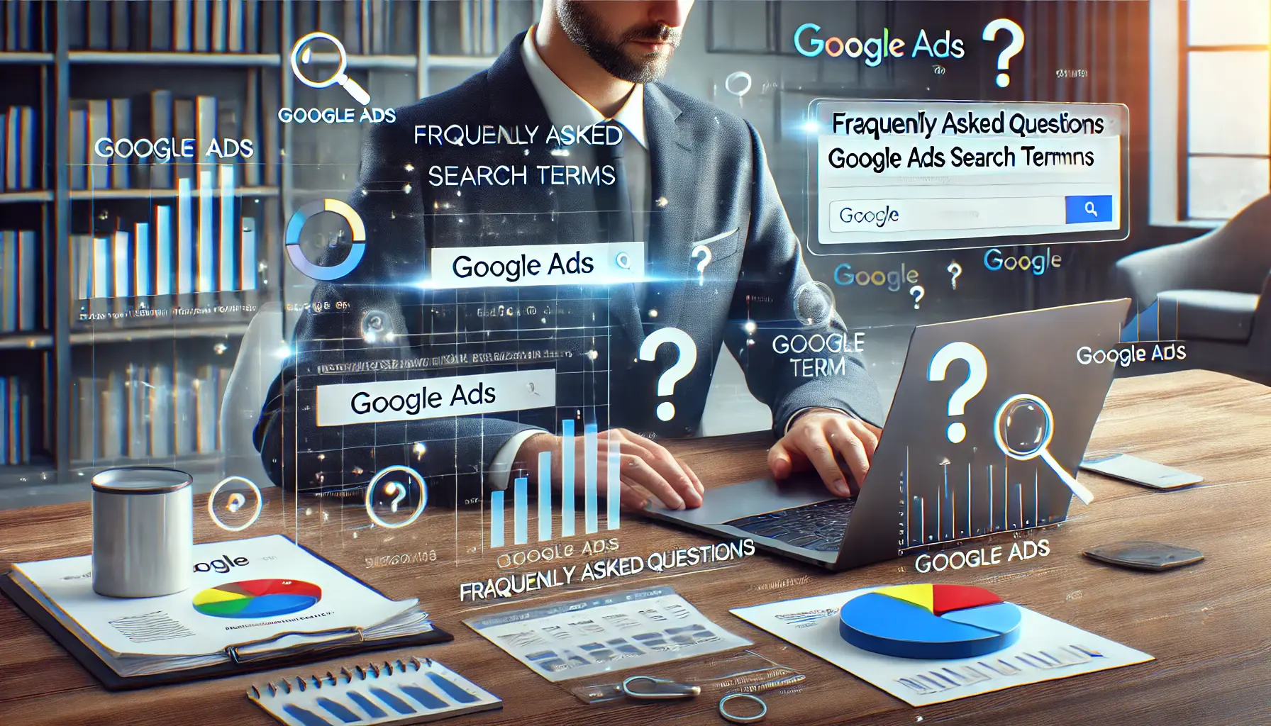 A digital marketing workspace showing a professional analyzing Google Ads search terms data, with surrounding charts, graphs, and question marks symbolizing frequently asked questions.